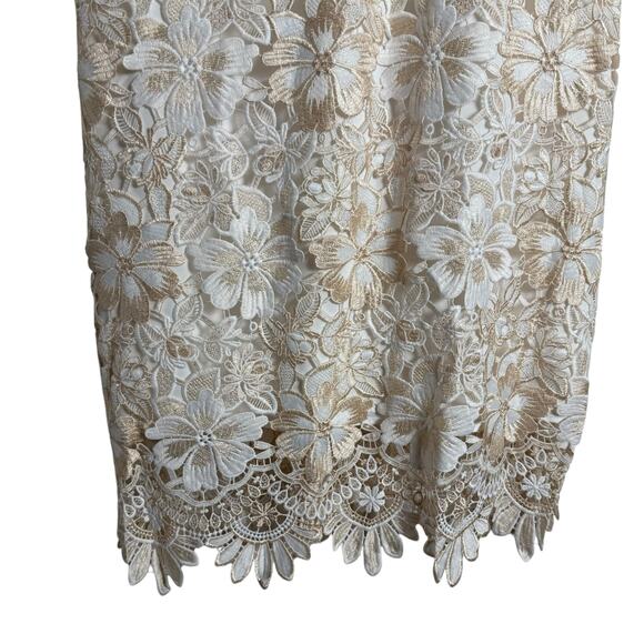 Shoshanna Ivory Gold Sleeveless Floral Lace Midi Cocktail Dress Size 10 - Picture 8 of 13